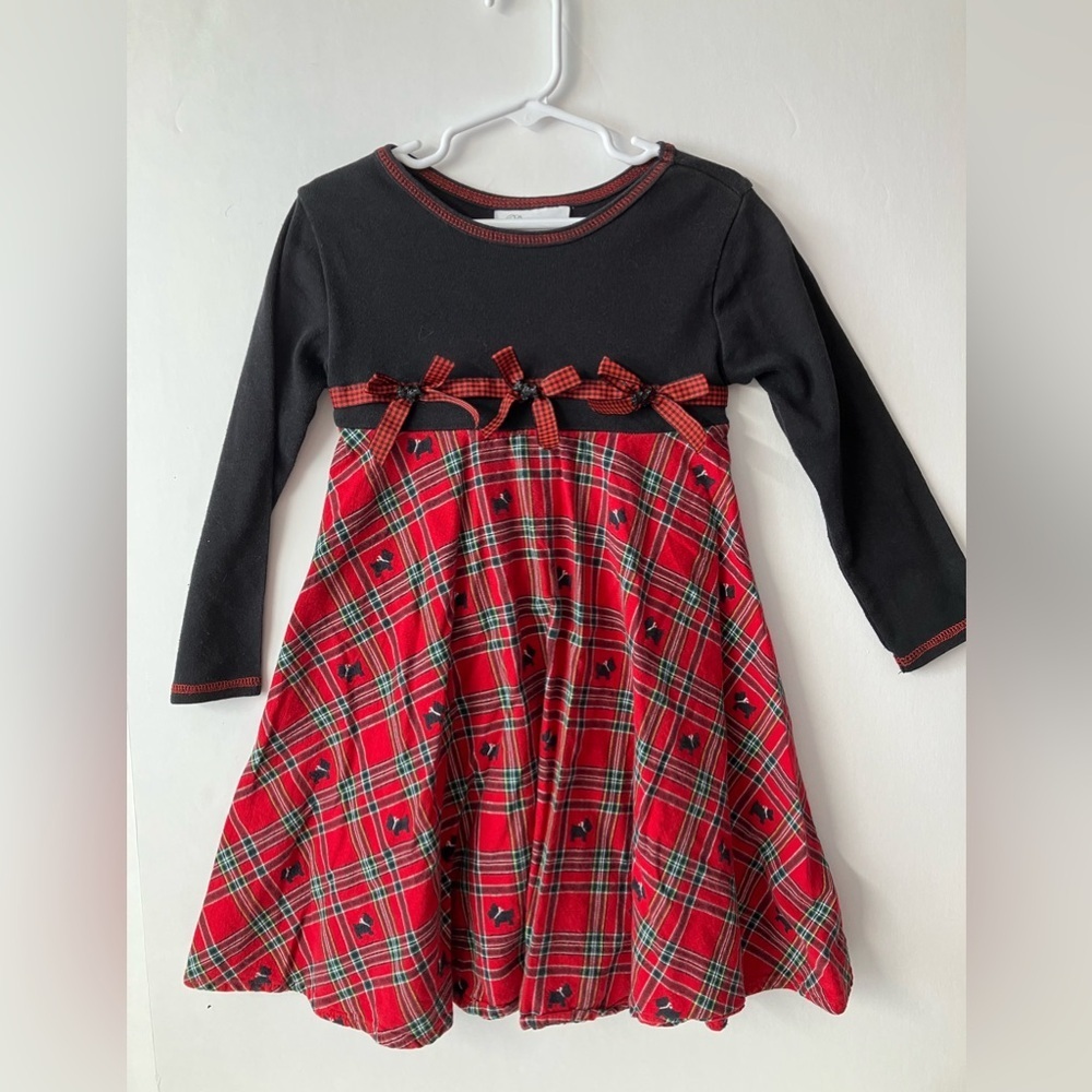 Girl’s Festive/Holiday Dress, Sz  5, Red/Black Plaid, Scottie Dog, Bonnie Jean